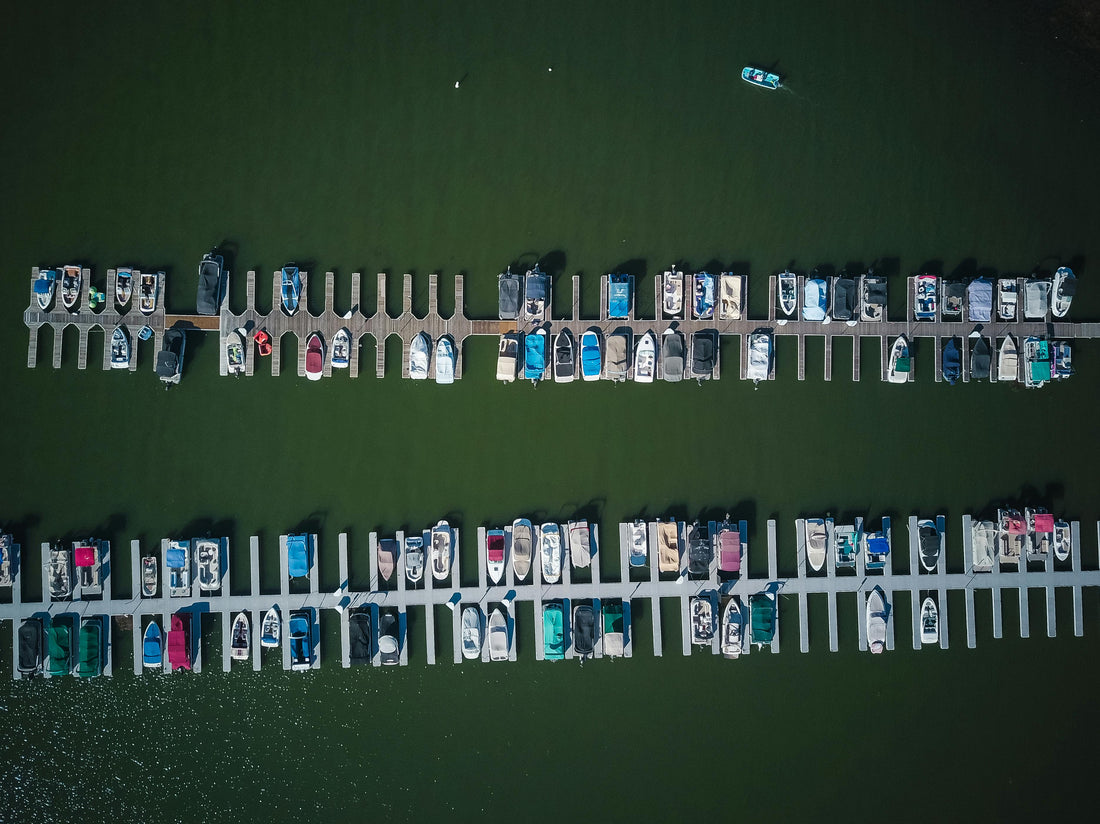 aerial view of multiple boats on a dock