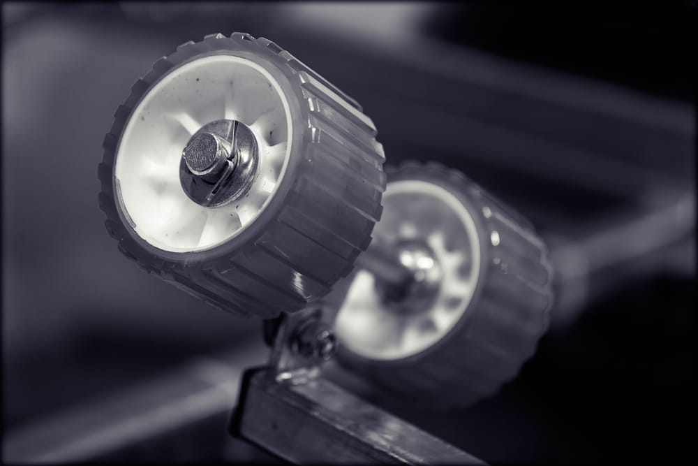 closeup of a gray roller ramp wheel