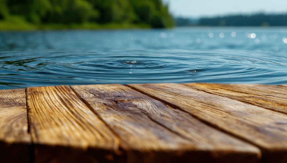 wooden dock close up with a tranquil lake in the backdop